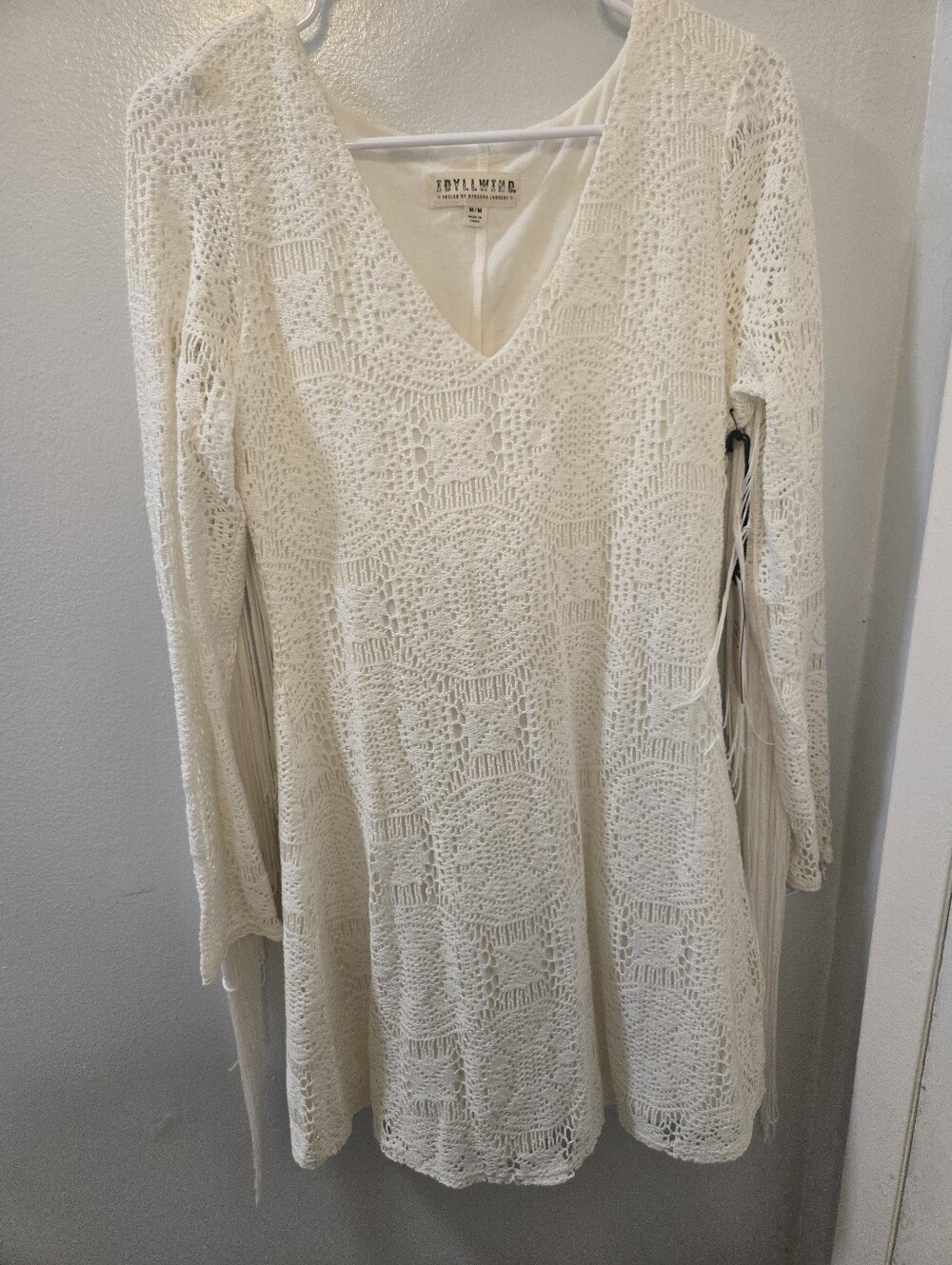 Cream Crochet V-Neck Long Sleeve Dress